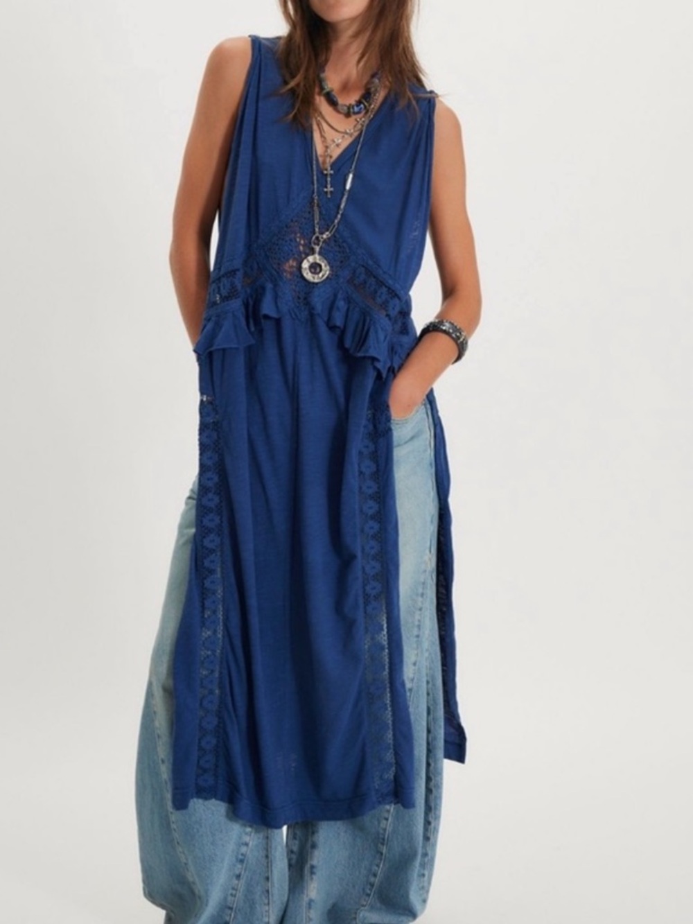 Free People Deep Blue Sleeveless Boho  Maxi Top